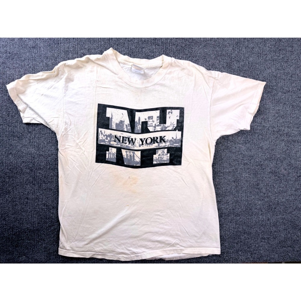 Vintage Hanes NYC New York Graphic Tee Shirt Mens Large Cream Cotton Y2K Stained